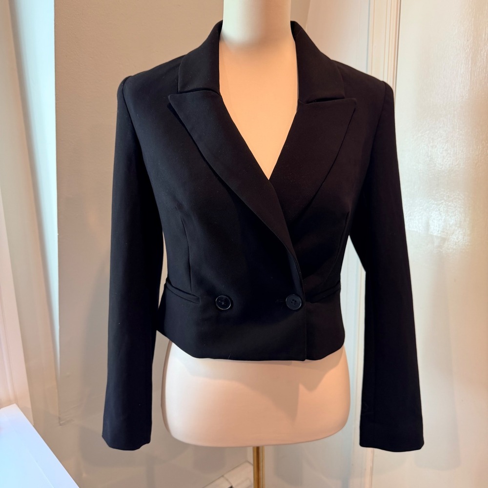 Express Black Stylist Cropped Double Breasted Blazer Chic Workwear | Size S